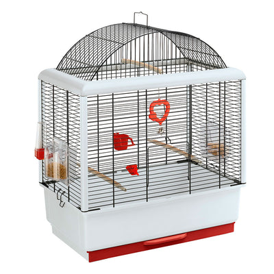 Ferplast Ferplast Cage pour canaris et petits oiseaux exotiques GIUSY Cage  rectangulaire pour oiseaux, équipée d'accessoires et mangeoires  tournantes, métal robuste vernis Blanc et bac de cage en plastique Rouge,  39 x
